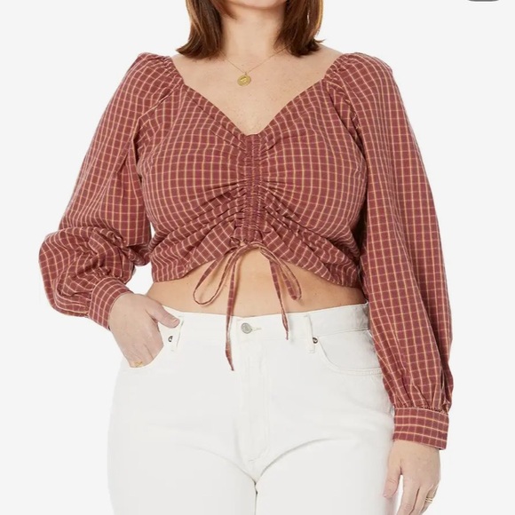 Levi’s Puff Sleeve Plaid Ruched Crop Top Devin Medium Women’s Red Long Sleeve - Picture 4 of 16